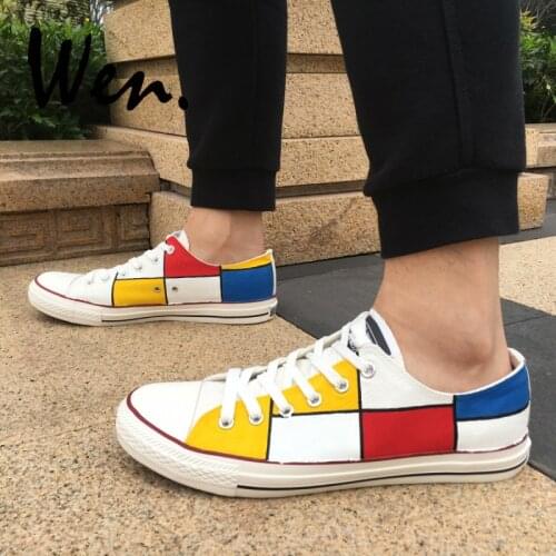 Wen Low Top Flat Canvas Shoes Custom Design Mondrian Hand Painted Shoes Men Platform Sneakers Graffiti Painting Women Plimsolls