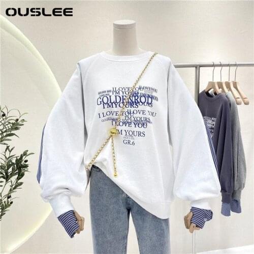 Ouslee Korean Style Women Fashion Letter Print Sweatshirt Long Sleeved Top Female Harajuku Hoodie Streetwear Pullovers Tops