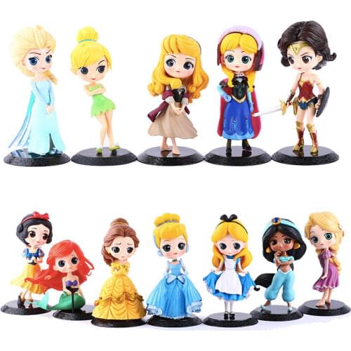 Disney Princess Q Posket Dolls Frozen Belle Mulan Harley Quinn Elsa Ariel Anna 14cm Action Figures Toys Collectible Model Gift
