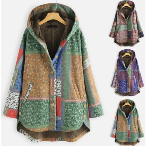 Retro Boho Cotton Jacket Parkas Casual Ethnic Print Fleece Hooded Warm Coat Women Outwear Loose Plus Size M-5XL Winter Clothes