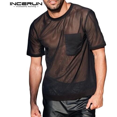 Fashion Men T Shirt Mesh Transparent O Neck Streetwear 2021 Short Sleeve Casual Tee Tops Sexy Breathable Pockets Camisetas S-5XL