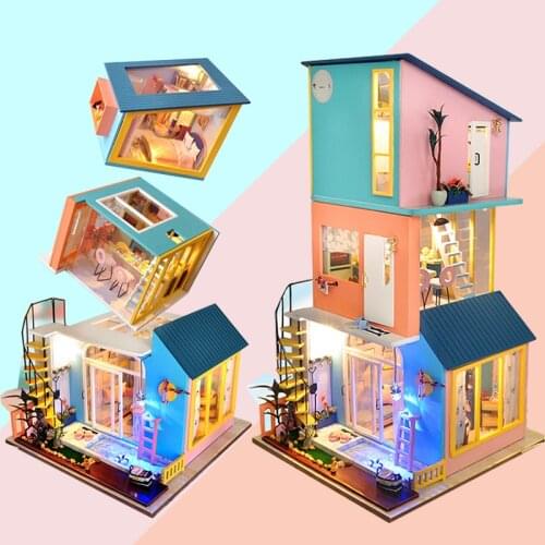 Diy Wooden Miniature Dollhouse Kit Bedroom Living Room Kitchen 3in1 Combination Villa Toy House Furniture Doll House For Adult