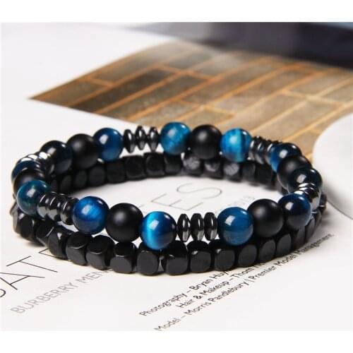 Natural Tiger Eye Stone Bracelet Set 2 Chains Bracelets Men Vintage Stretch Jewelry Women 8 mm Matte Onyx Hematite Beads Bangle