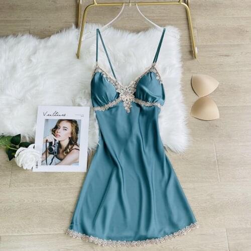 Women Sleepwear Intimate Lingerie Summer New Satin Spaghetti Strap Nightgown Nightdress Lace Sleep Dress Lounge Wear Homewear