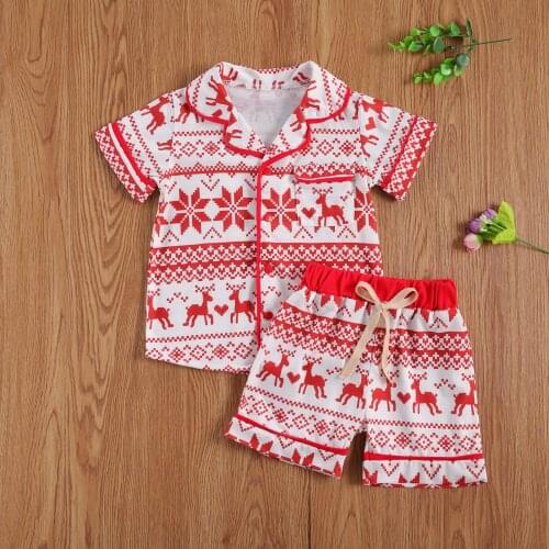 Kids Boys Two-piece Christmas Sleepwear Set Red Snowflake and Deer Printed Pattern Lapel Top + Shorts 1-6 Years Clothes For Xmas