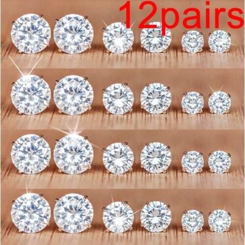 12 Pairs Ear Studs European and American Foreign Trade Ornament Round Six Claw Crystal Zircon Set