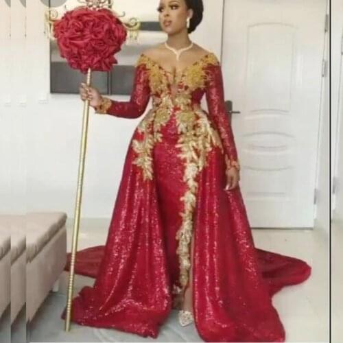 Custom Red Prom Dresses abendkleider Formal Dress Sequin Removable Skirt vestidos de gala Long Sleeve Applique Evening Gowns