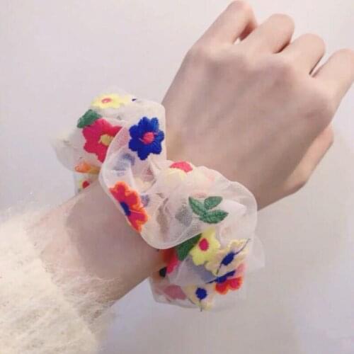 ZZIYEETTM 1pc Women Girls New Summer Mesh Embroidery Floral Chiffon Scrunchie Ponytail Holder Elastic Hair Rubber Bands