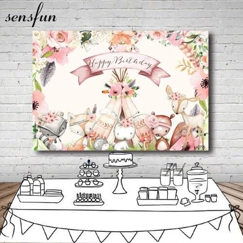 Sensfun Woodland Party Backdrops For Photo Studio Pink Flowers Animals Girls 1st Birthday Photography Backgrounds Custom Banner
