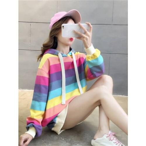 Harajuku Rainbow Stripe Hoodies Women Sweatshirt Loose Pullover for Sweet Girls Pastel Fahion Pink Clothing Cute Japan Hoodies