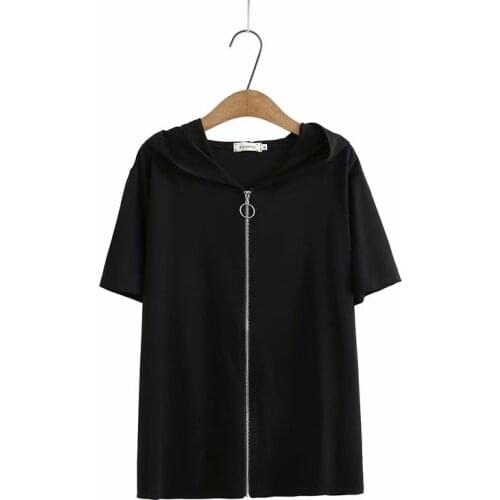 Plus size hooded zipper Short sleeve women t shirt 2021 new summer ladies white black tee shirt female top