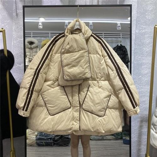 2021 Winter Puffer Jacket Women Solid Scarf Collar Warm Female 90%White Duck Down Jacket Loose Oversized Female Parka Outerwear