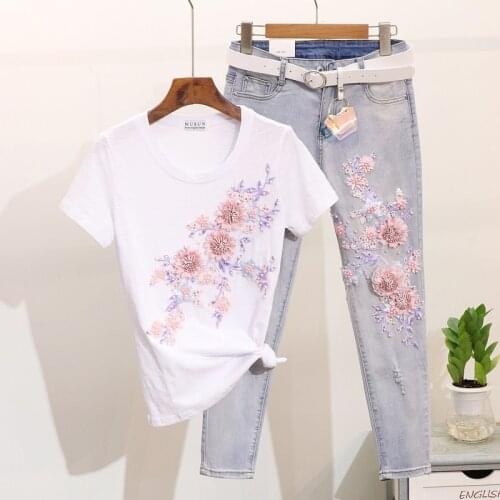 Amolapha Women 3D Flowers Embroidery Beaded Tshirt Jeans Pant Set Lady Girls Casual Loose Tshirt Denim Pant Clothes Suit