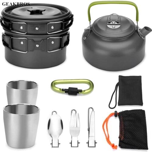 10pcs/set Outdoor Pots Pans Camping Hiking Cookware Picnic Kit Lightweight Tableware With Foldable Spoon Fork Knife Kettle Cup