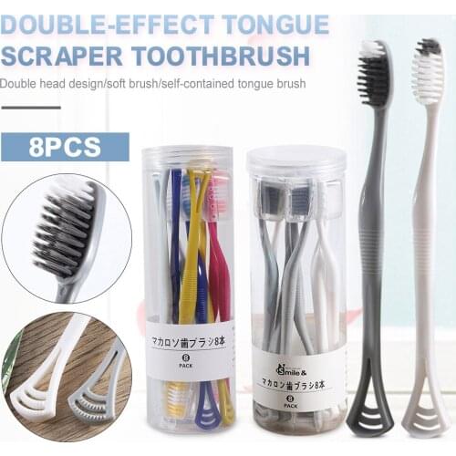 8PCS 2-in-1 Toothbrush& Tongue Scraper with Lid for Removing Teeth Stains Improving Bad Breath Oral Care Kit