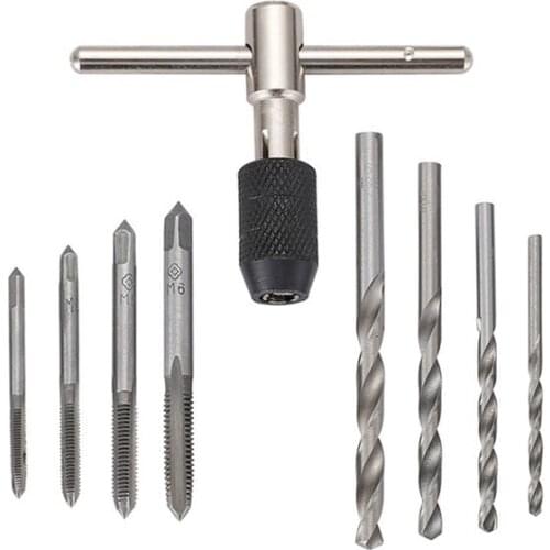 9Pcs T Type Machine Hand Screw Thread Taps Reamer M3/M4/M5/M6 Tap Set with Twist Drill Bits and Wrench Hand Tools Set