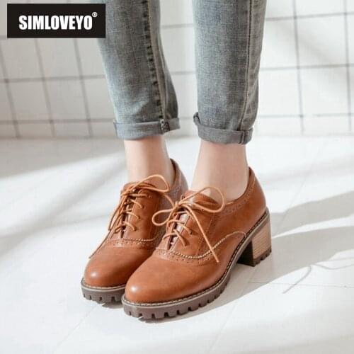 ANOVISHANA Shoes women Chunky heels Causal shoes Lace up Pumps Vintage Mid heels Carved Ladies shoes Plus size 42 43 Retro D001