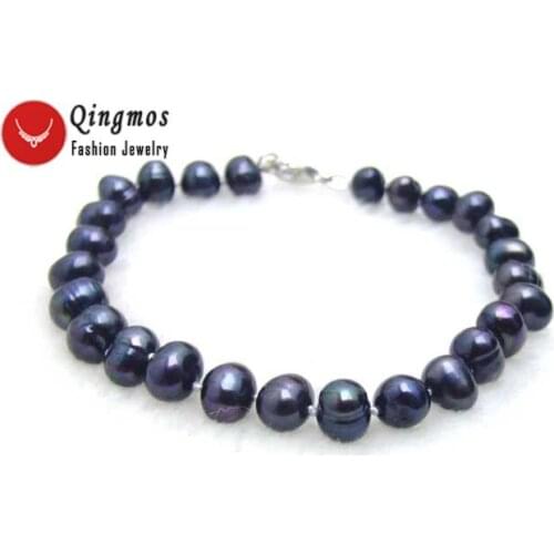 Qingmos Fashion 7-8mm Round Natural Freshwater Black Pearl Bracelet for Women Jewelry Bracelets 7.5" Bracelets