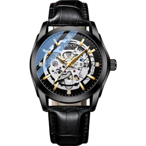 Stylish Men Mechanical Watches Fashion Casual Punk Male Wristwatch Stylish Black Genuine Leather CHENXI Top Brand Gift Clock