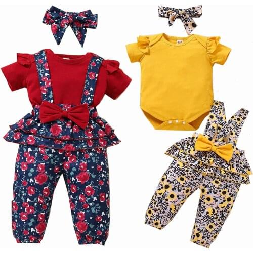 Summer Fall Newborn Baby Girls Babysuit Bodysuit Lounge Set Childrens Short Sleeve Tops T- shirt Floral Long Pants Clothes Set