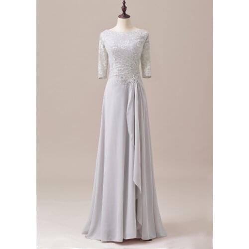 Ruffles Elegant Half Sleeves Lace Mother Of the Bride Dress Silver Grey For Wedding Groom 2019 Long Formal Evening Dress SLD-M12