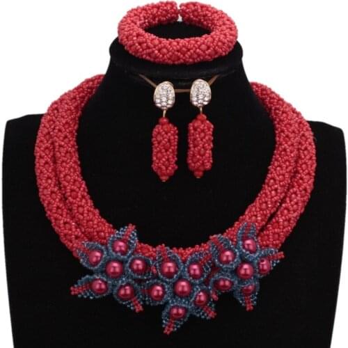 Dudo 4 Colors Dubai Jewelry Set Nigerian 2 Layers African Beaded Flowers Necklace Set For Wedding Party 2020
