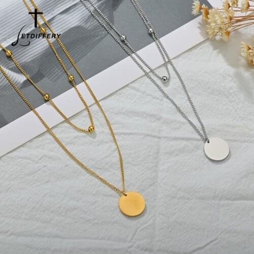 Letdiffery Fashion 2 Layers Beaded Chain Women Choker Jewelry Stainless Steel Round Pedant Simple Style Necklace Birthday Gift