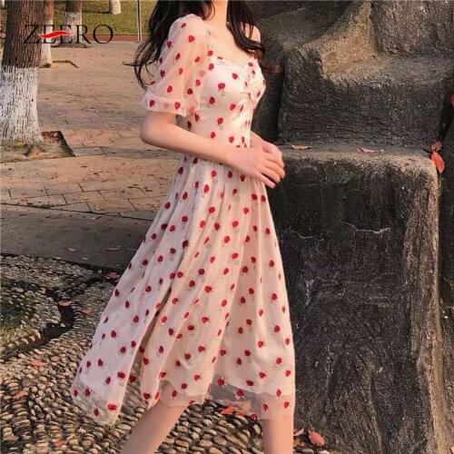 Summer Women Puff Sleeve Square Neck Rose Embroidery Mesh Sexy Dresses Elegant Female Vintage Backless Midi Party Dress Vestidos