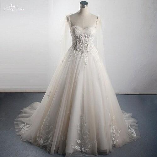 LZ311 Light Champagne Glitter Sequined Appliques Wedding Dress Bead Pleat Sweetheart Bridal Gown Bow Ribbons Sleeveless Dress