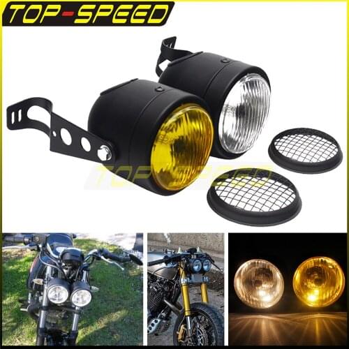 Motorcycle H4 12V Bulbs Retro Twin Front Headlight W/ Mount Bracket Mesh Grill Dual Cafe Racer For Harley Cafe Racer