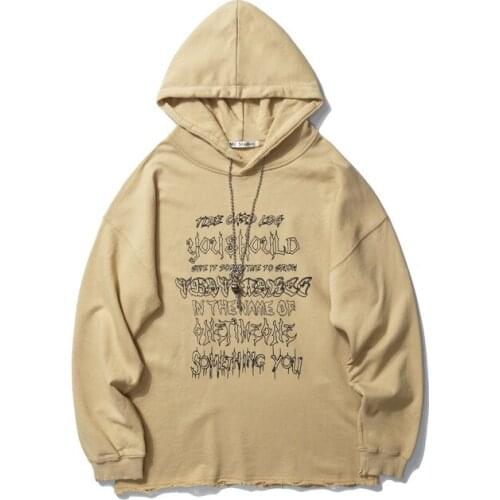 Hip Hop Letter Print Mens Oversized Hoodies Pullover Long Sleeve Wash Vintage Khaki Clothes Women Hooded Sweatshirt Sudaderas