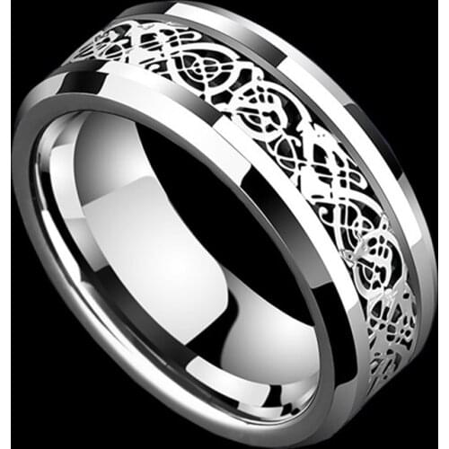 FDLK 8mm High Polished Stainless Steel Ring with Dragon Pattern Wedding Ring for Mens Fashion Jewelry Ring Size 6-13