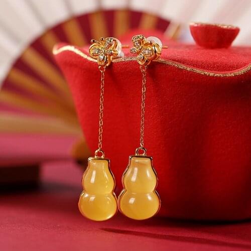 Natural 925 sterling silver gilt retro butterfly gourd amber earrings temperament sterling silver women earrings