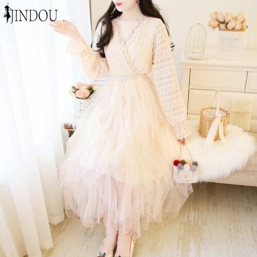 2020 new spring sweet temperament V-neck cake dress net yarn lace dress for girl