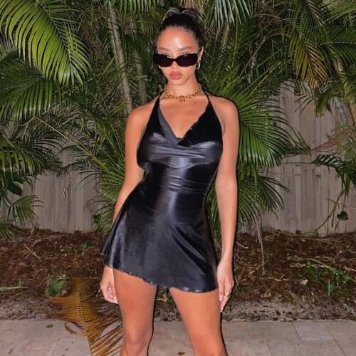 BKLD New Arrivals Autumn Fashion Black PU Faux Leather Dress Party Nightclub Sexy Halter Neck Lace-up Backless Mini A-line Dress