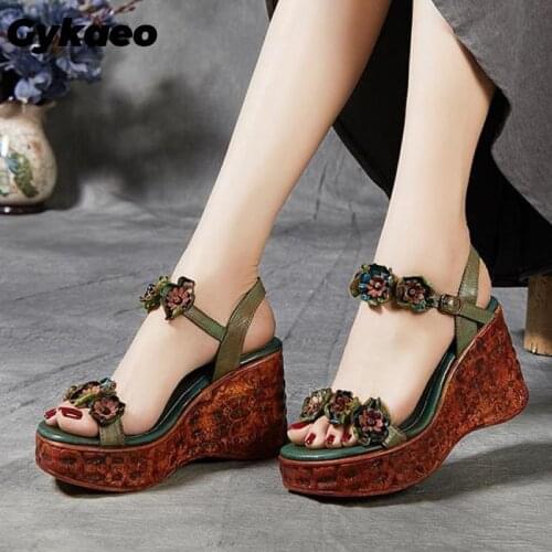 Gykaeo Genuine Leather Retro High Heels Sandals Women Shoes Buckle Strap 2021 New Spring Summer Wedges Ladies Platform Sandals