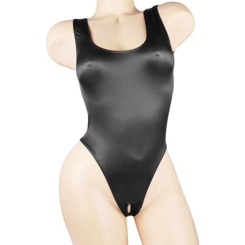 Satin Glossy Leotards One Piece Swimsuit Sexy High-Cut Open Crotch Bikini Thong Bodysuit Shiny Women Lingerie Plus Size