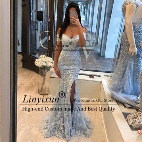 Sexy Mermaid Prom Dresses Off Shoulder Lace Appliques Beaded Sashes Side Split Open Back Custom Made Formal Party Evening Gowns