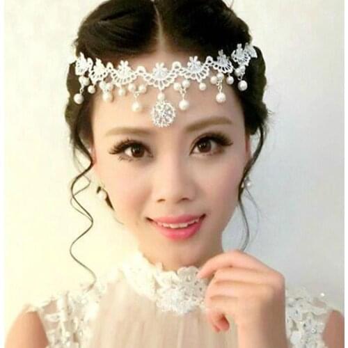 Bridal Hair Accessories Handmade Lace Flower wreath With Pendant Pearl tiara De Noiva Bride Headdress Tiaras Crown Hair Jewelry