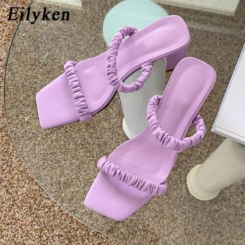 Eilyken New Design Pleated PU Leather Outdoor Elegant Slippers Ladies Fashion Open Toe Low Heels Shoes Women Summer Sandals