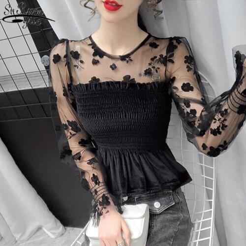 Spring New Puff Sleeve Black Mesh Short Tops Sexy Lace Bottoming Blouse Women Velvet Waist Skinny Shirts Fashion Blusas 12771