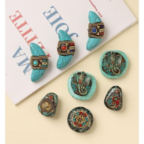 Tribal Verdigris Patina Plated Copper Crushed Elephant Yin Yang Pattern Horn Pendants For DIY Jewelry Making Finding Accessories