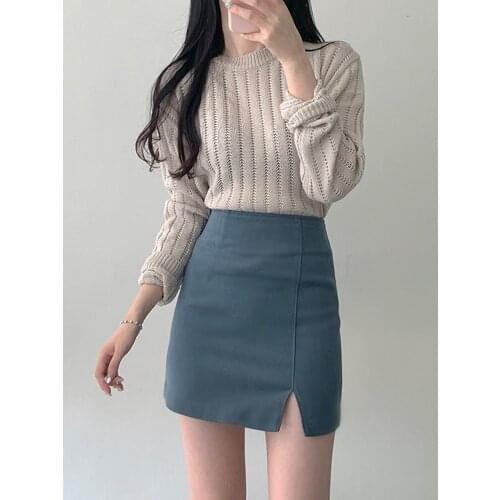 Abrini Women Plain Skirts Split High-waist Bodycon Mini Skirts Sexy & Club Preppy Style Casual Skirt A-line Skirts 2021 Autumn