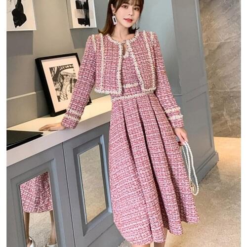 New Small Fragrance Tweed Suits 2 Piece Set Runway Women Long Sleeve Plaid Jacket Coat + Bow Sleeveless Pearl Vest Dress