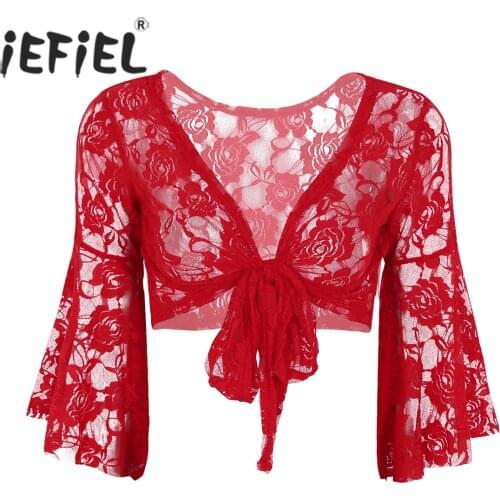 Womens Femme Long Flare Sleeve Belly Dance Butterfly Lace Top Shrug Fashion Gymnastics Cover Up Open Front Cardigan Wraps