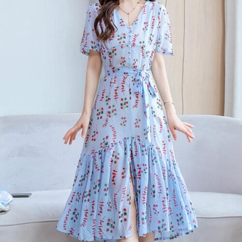 2021 Elegant Vintage Womens Beach 3XL 4XL Chiffon Pleated V-Neck Green Blue Chic Print Female Long Summer Vestidos Dress Robe