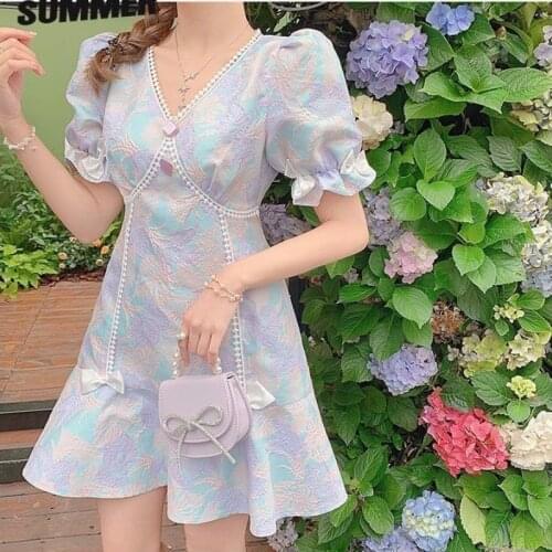 Kawaii Sweet Print Mini Dress Women Elegant V-neck Short Sleeve Korean Clothing Outdoor Holiday Bow Dresse Summer 2021