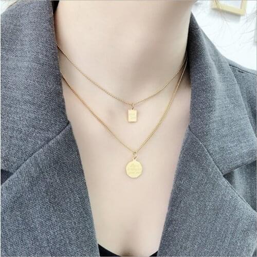 Fashion Multilayer Stainless Steel Womens Gold Silver Color Moon Star Horn Crescent Double Chain Good Luck Coin Choker Necklaces