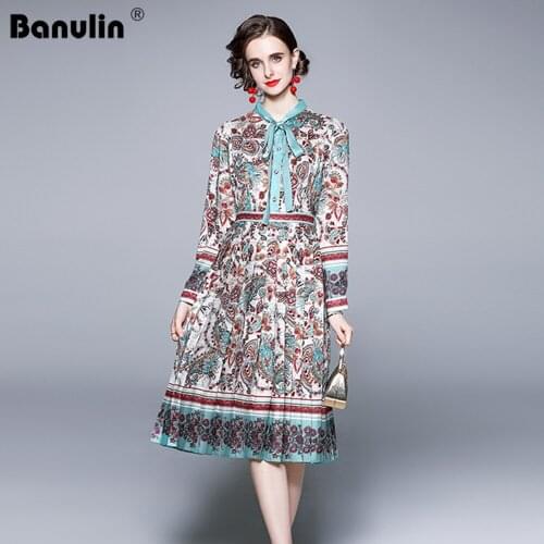 Banulin 2021 Summer Runway Designer Pleated Dresses Spring Womens Long Sleeve Bow Neck Vintage Floral Printed Party Dress