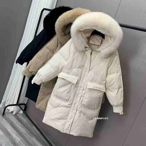 Winter White Duck Down Jacket Women 2021 New Fashion Natural Fox Fur Collar Long Hooded Down Coat Female Office Lady Thick warm